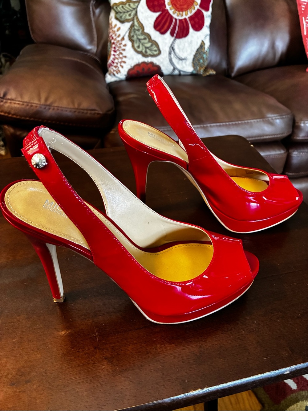Michael Kors Size 6M, Red Patent Leather Peep-Toe Slingback Heels. Pre owned. - Picture 2 of 4